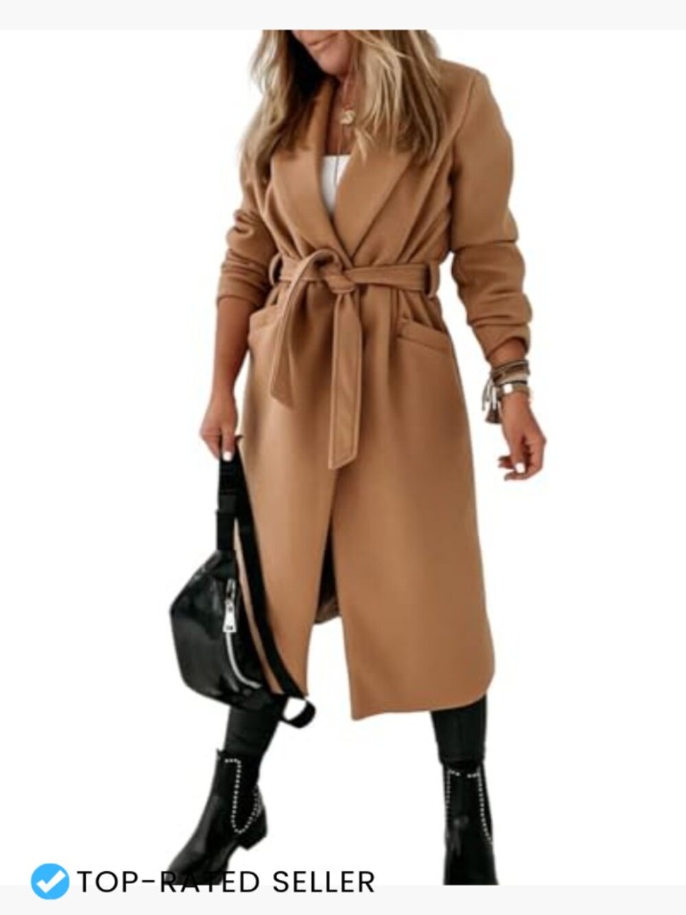 Classic Longline Peacoat with Lapel Collar and Self-Tie Belt for Women - Picture 3 of 7